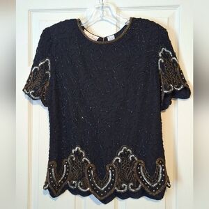 Lots of Sparkle!! 'Lawrence Kazar' silk black beaded top; spangles, pearls, M